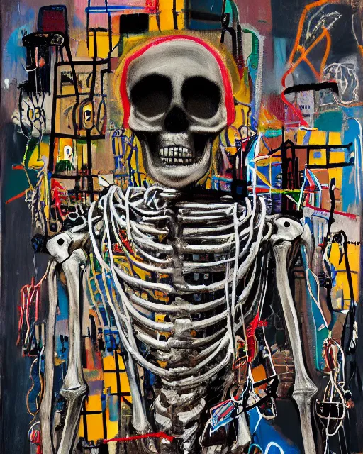 Prompt: oil neo expressionism painting of cyberpunk skull skeleton tethered to a bunch of wires and cords and chains wearing a vr oculus headset by basquiat