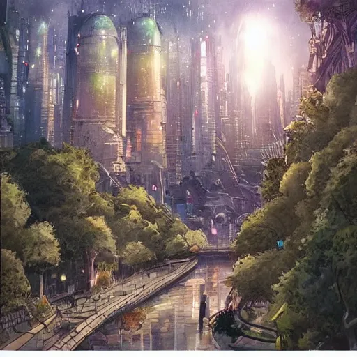 Image similar to Beautiful happy picturesque charming sci-fi city in harmony with nature. Beautiful light. Nice colour scheme, soft warm colour. Beautiful detailed watercolor by Lurid. (2022)