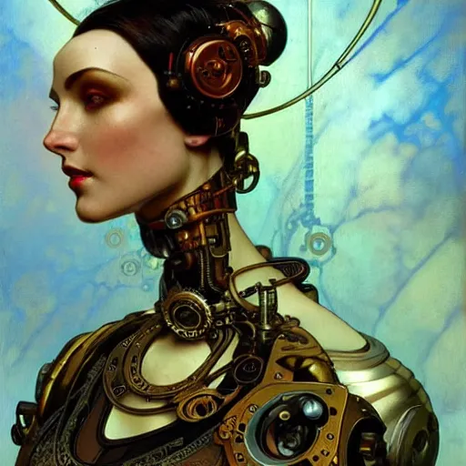 Image similar to close - up portrait of a beautiful female steampunk android in the style of ex machina, karol bak, alphonse mucha, greg rutkowski,