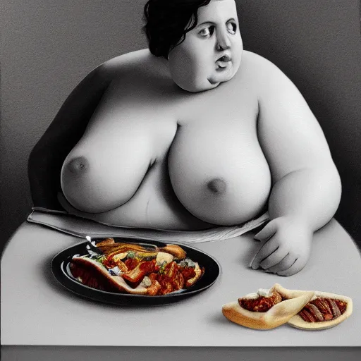 Image similar to a morbidly obese woman eating food with belly out, highly detailed, epic lighting, hyper photorealism, 8 k