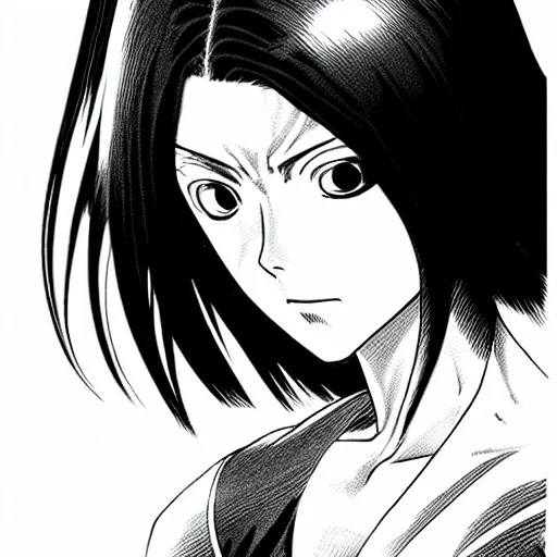 Image similar to alita by yukito kishiro. medium shot. black and white manga. pencil drawing. high detailed face