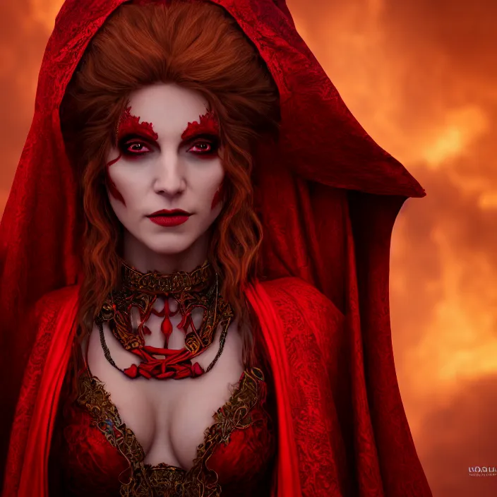 Prompt: photograph of a real-life beautiful red witch with ornate robes. Extremely detailed. 8k