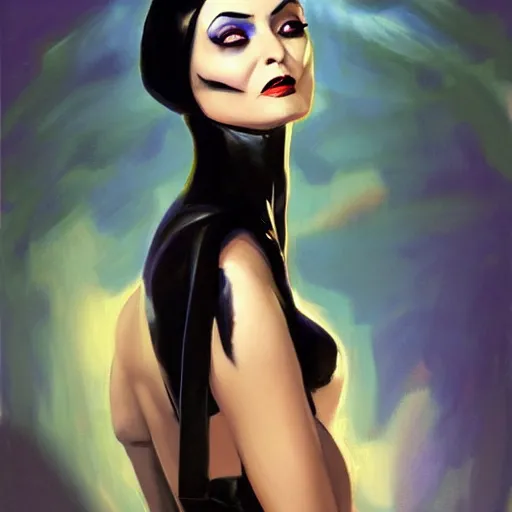 Image similar to greg manchess portrait painting of partially armored morticia from addams family as overwatch character, medium shot, asymmetrical, profile picture, organic painting, sunny day, matte painting, bold shapes, hard edges, street art, trending on artstation, by huang guangjian and gil elvgren and greg rutkowski