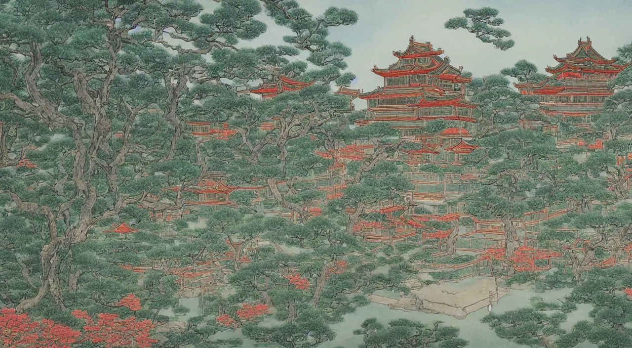 Image similar to a beautiful painting of a singular ancient Chinese palace, with a garden, in the style of anime