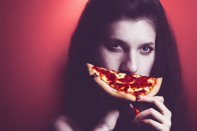 Prompt: A dark, brooding young woman eating a delicious pizza, studio portrait, dramatic lighting, trending on artstation