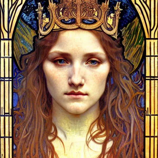 Image similar to detailed realistic beautiful young medieval queen face portrait by jean delville, alphonse mucha, vincent van gogh, and marco mazzoni, art nouveau, symbolist, visionary, gothic, pre - raphaelite
