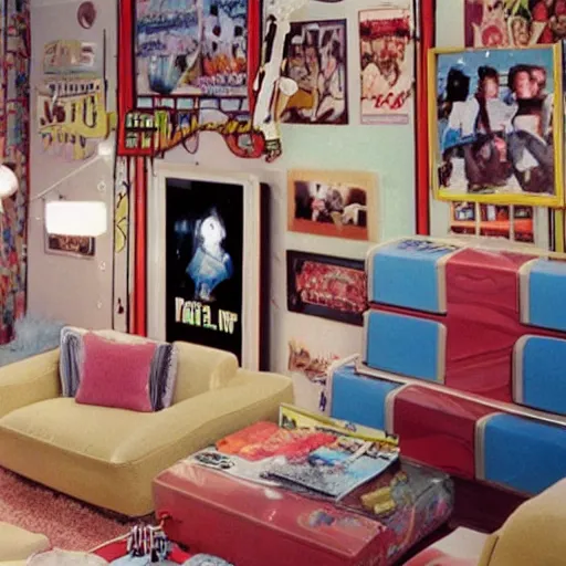 Prompt: 1990s Hi-8 footage of a nostalgic room decorated in Pop culture from the 1990s, nostalgic, vintage