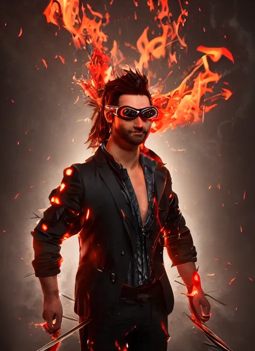 Image similar to An epic fantasy comic book style portrait painting of man with red spiked long hair, using googles. Wearing a black waistcoat, white shirt. Fire on his hands. Unreal 5, DAZ, hyperrealistic, octane render, cosplay, RPG portrait, dynamic lighting