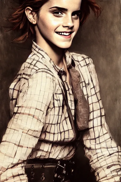 Prompt: emma watson smiling checkered shirt gaston bussiere craig mullins j. c. leyendecker richard avedon peter lindbergh