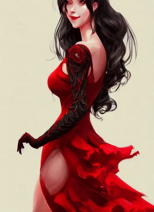 Prompt: a highly detailed illustration long black haired woman wearing red dress, elegant smiling pose, perfect face, perfect body, intricate, elegant, highly detailed, centered, digital painting, artstation, concept art, smooth, sharp focus, league of legends concept art, wlop