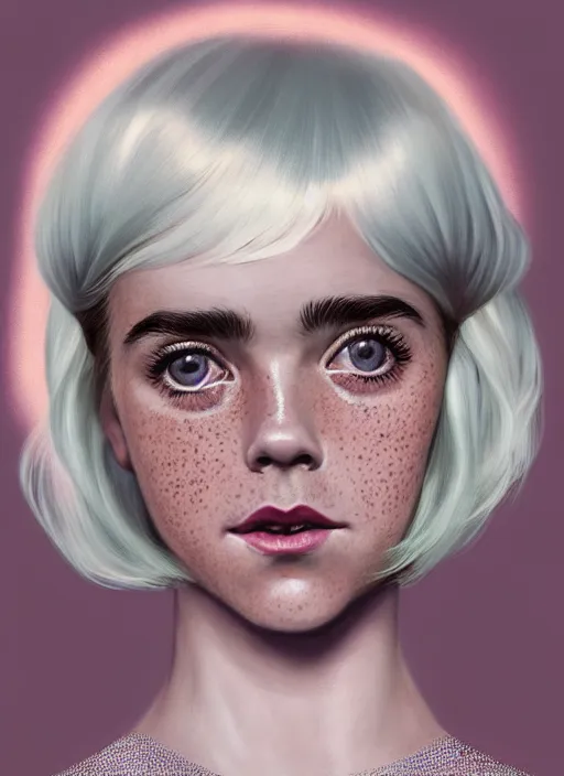 Image similar to portrait of kiernan shipka with freckles, white hair, 1 9 6 0 s bob hairstyle, hairstyle with bangs, 1 9 6 0 s bob hair with bangs and hairband, intricate, elegant, glowing lights, highly detailed, digital painting, artstation, concept art, smooth, sharp focus, illustration, art by wlop, mars ravelo and greg rutkowski