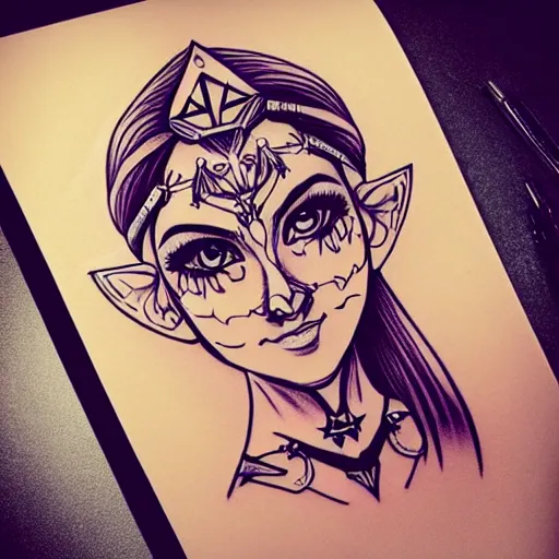 Image similar to tattoo design, stencil, portrait of princess zelda in a bikini by artgerm, symmetrical face, beautiful, triforce