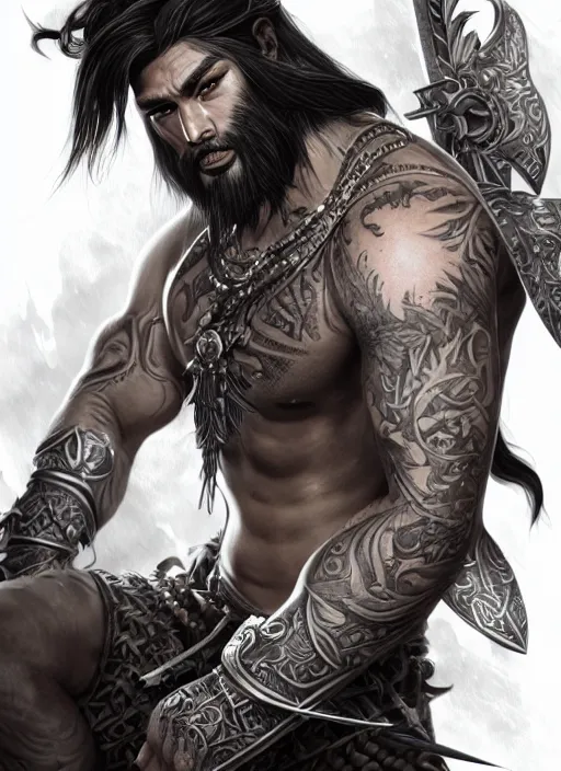 Prompt: a highly detailed illustration of serious long haired tattooed asian tribal warrior man with short blade, heroic wielding blade pose, muscular, intricate, elegant, highly detailed, centered, digital painting, artstation, concept art, smooth, sharp focus, league of legends concept art, wlop.