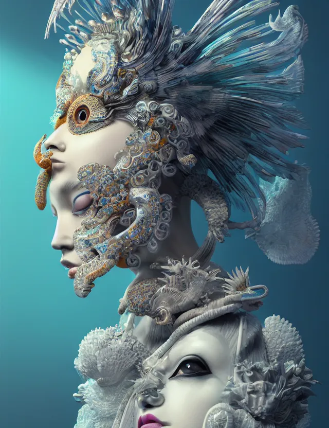 Image similar to 3 d goddess in robe close - up profile portrait with ram skull. beautiful intricately detailed japanese crow kitsune mask and clasical japanese kimono. betta fish, jellyfish phoenix, bio luminescent, plasma, ice, water, wind, creature, artwork by tooth wu and wlop and beeple and greg rutkowski