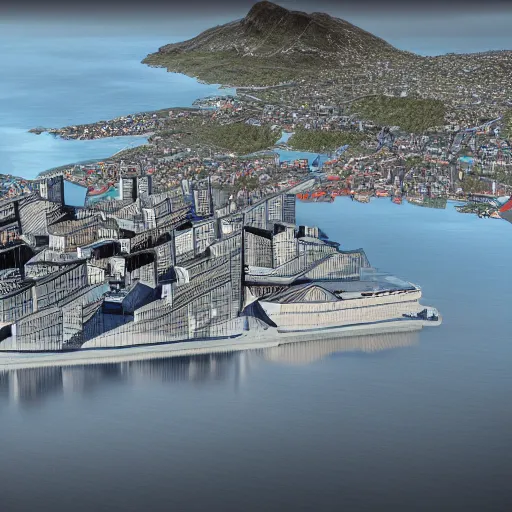 Image similar to low - poly render of the city bodø in norway