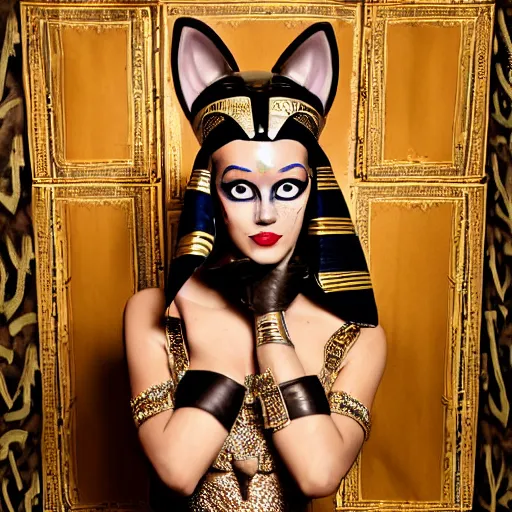 Image similar to Bastet, the cat-headed egyptian goddess, fetish, full makup, medium shot. In the style of Helmut newton, robert maplethorpe, Stefano Brunesci, Lachlan Bailey, Herb Ritts, Ellen Von Unwerth, Haris Nukem, Sardax, Annie Leibovitz. detailed photo, hd, 4k, trending on artstation, 35mm, f1.8