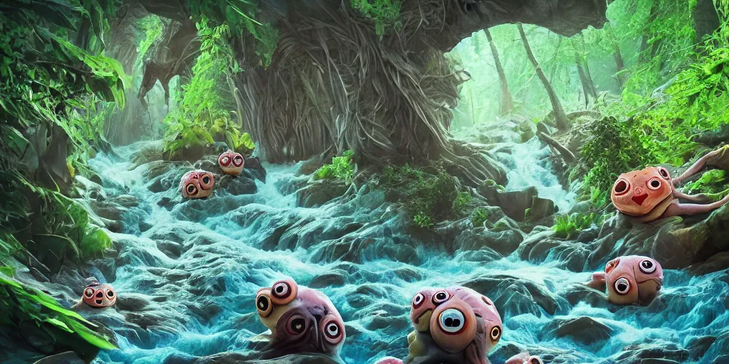 Prompt: of river rapids through a forest with strange cute friendly happy creatures with huge eyes, mouth, long tongue and round teeth appearing from the water, in the style of gehry and gaudi, macro lens, shallow depth of field, highly detailed, digital painting, trending artstation, concept art, illustration, cinematic lighting, vibrant colors, photorealism, epic, octane render