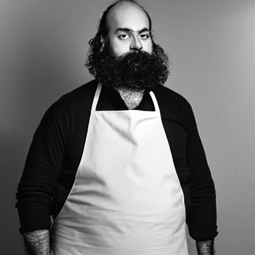 Prompt: photograph of a heavyset middle aged balding French man with a beard, a hairy chest and a pot belly wearing an apron