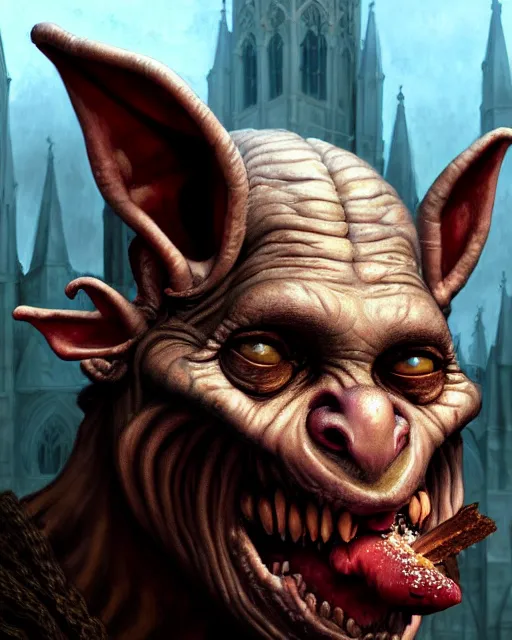 Image similar to closeup profile face portrait of a medieval goblin eating cakes in the cathedral, beautiful face, hyper realistic, highly detailed, digital painting, artstation, illustration, concept art by hyung tae, frank frazetta, bosch, giger, digital paint, matte paint, washed colors, dark, gloomy, detailed and intricate environment