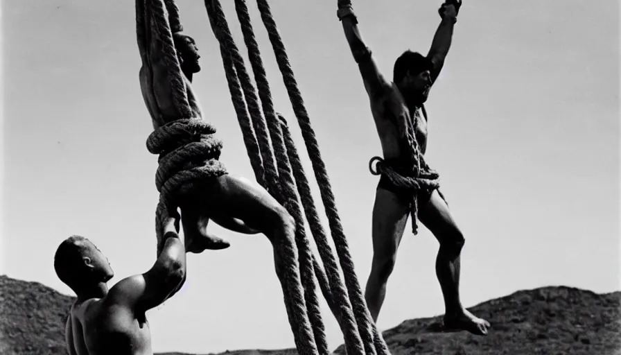 Image similar to 1 9 6 0 s movie still of marcus atilius regulus tied with ropes at pole in direction of the burning sun with blood flowing off his eyes cinestill 8 0 0 t 3 5 mm b & w, high quality, heavy grain, high detail, texture, dramatic light, anamorphic, hyperrealistic, detailed hair