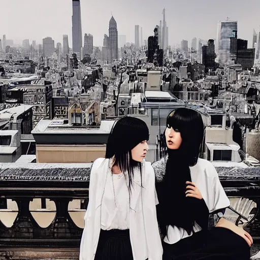 Image similar to “ two goth girls on city rooftop gorgeous, metropolitan city, detailed ”