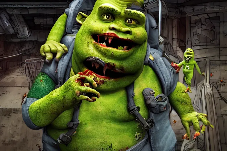 Prompt: wide shot of zombie shrek climbing the stairs to board a spaceship, highly detailed, 3d