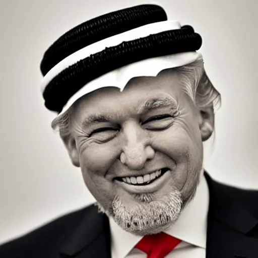 Image similar to trump as an imam, smiling, 4 k, detailed, photograph, realistic