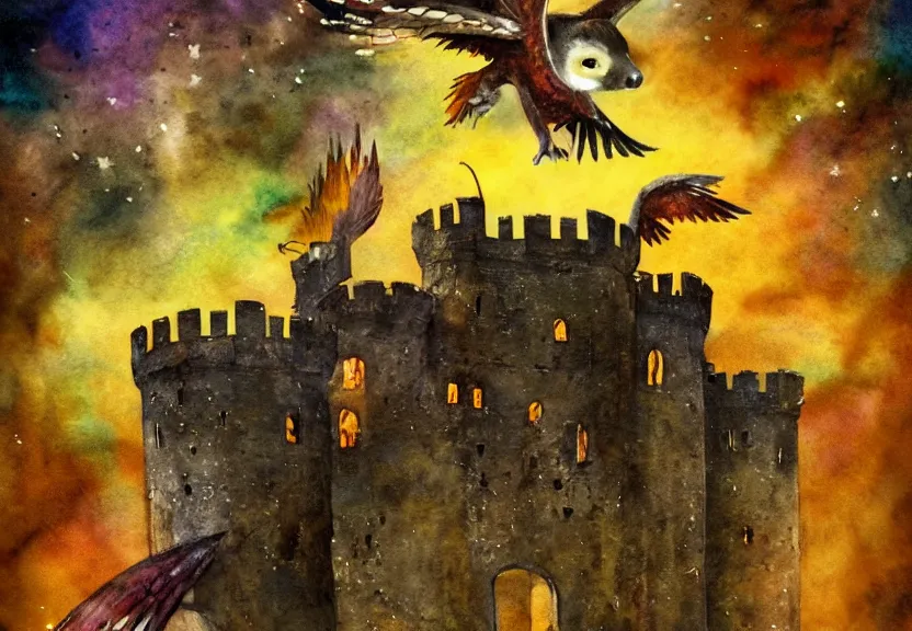 Prompt: legendary colorful winged possum flying over a medieval castle at night under the dark starred sky, dark fantasy, watercolor, dreaming illusion, highly detailed, 4k, trending on Artstation