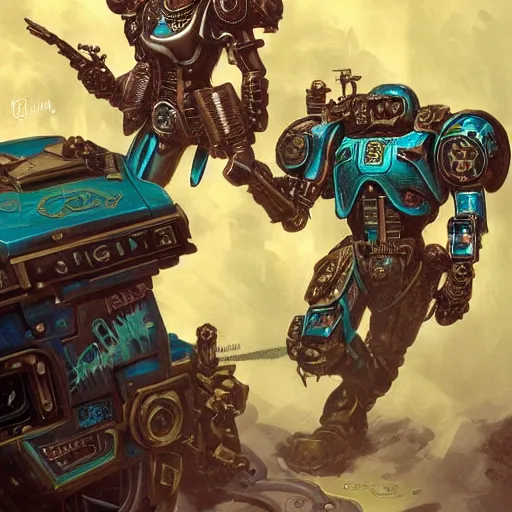 Prompt: steampunk sg-1 Teal’c vs Warhammer space marine, intricate, wild, highly detailed, digital painting, artstation, concept art, smooth, sharp focus, illustration, art by artgerm and greg rutkowski and alphonse mucha and Hajime Sorayama