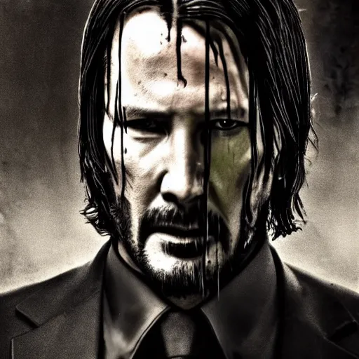 Prompt: A wet-collodion styled portrait of John Wick. Depth of field, smoke, high contrast, extremely detailed.