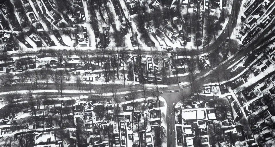 Image similar to aerial image of a street in the winter, black and white photograph by andre kertesz