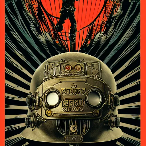 Prompt: Illustrated by Shepard Fairey and H.R. Geiger | Steampunk Mad Max with VR helmet, surrounded by cables