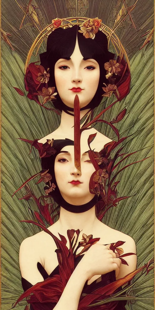 Prompt: an art deco tarot card, ikebana, symmetric, highly detailed, elegant, concept art, sharp focus, illustration, alexandros pyromallis, bouguereau, rutkowski, artgerm, tamara de lepika, alphonse mucha