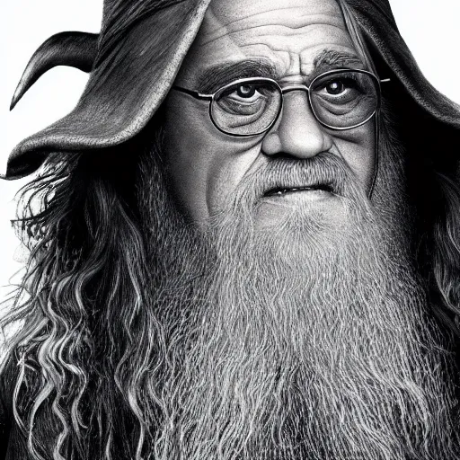 Image similar to ultra realistic illustration, danny devito as gandalf the white from return of the king, full body, high quality, highly detailed, wide angle, illustration, digital art, full color