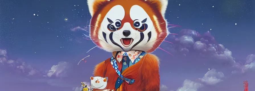Image similar to red panda by takashi murakami,, beeple and james jean, aya takano color style, 4 k, super detailed, night sky, digital art, digital painting, celestial, majestic, colorful