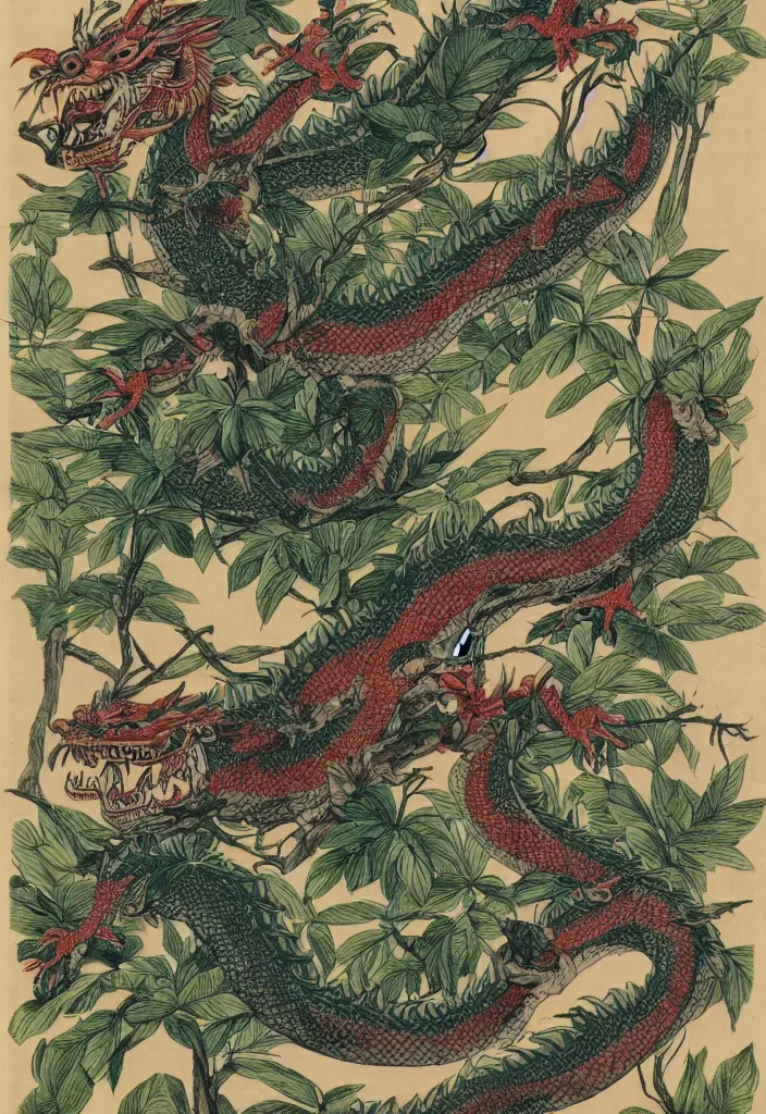 Image similar to vintage chinese dragon in a tropical forest, john james audubon, intaglio, 8 k resolution