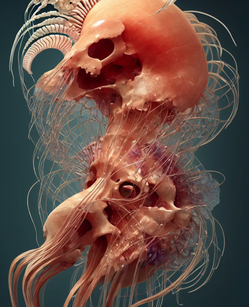 Image similar to goddess close-up portrait ram skull. jellyfish phoenix head, nautilus, orchid, skull, betta fish, bioluminiscent creatures, intricate artwork by Tooth Wu and wlop and beeple. octane render, trending on artstation, greg rutkowski very coherent symmetrical artwork. cinematic, hyper realism, high detail, octane render, 8k