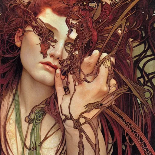 Prompt: realistic detailed face portrait of an Exotic Nightmare Demoness by Alphonse Mucha, Ayami Kojima, Amano, Karol Bak, Greg Hildebrandt, and Mark Brooks, Art Nouveau, Neo-Gothic, gothic, rich deep colors
