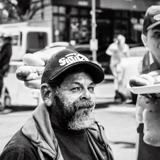 Prompt: portrait of a strange man selling hot dogs, 🌭, eccentric, canon eos r 3, f / 1. 4, iso 2 0 0, 1 / 1 6 0 s, 8 k, raw, unedited, symmetrical balance, wide angle