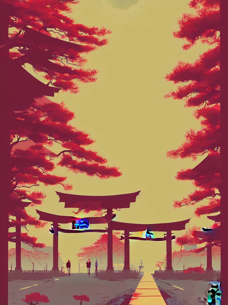 Prompt: a travel to japan poster illustration depicting a japanese torii gate, vintage style, detailed illustration, digital painting, vector art, trending on artstration, by anton fadeev, by alena aenami