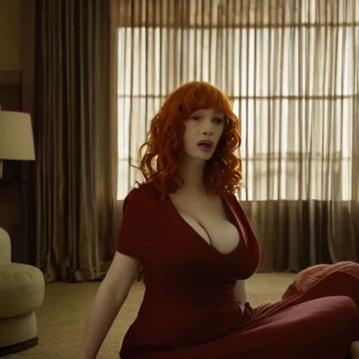 Image similar to amazing beautiful Christina Hendricks with mouth wide open in the living room, film still from the movie directed by Denis Villeneuve , wide lens