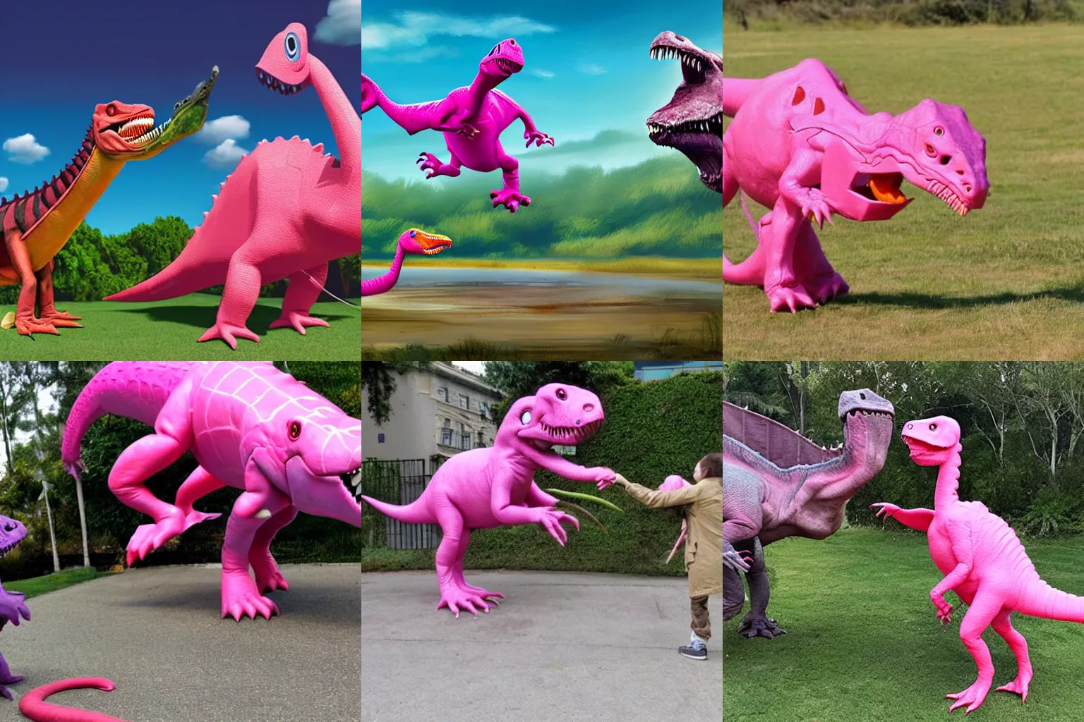 Prompt: a pink dinosaur fighting with a real dinosaur