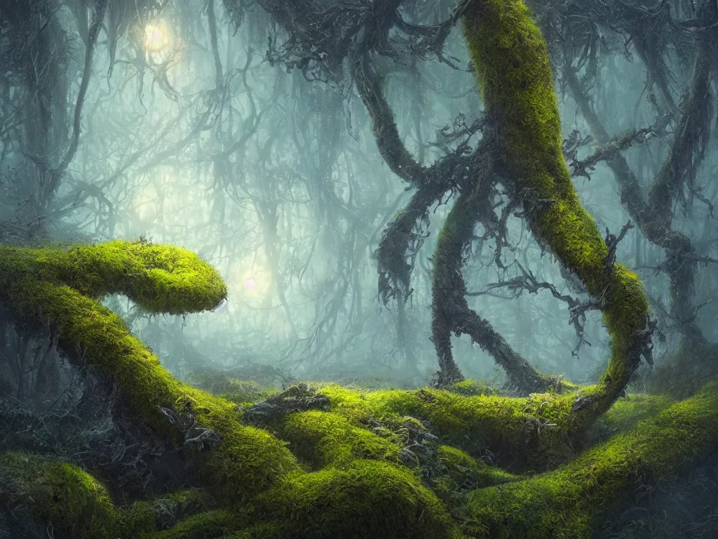 Image similar to a beautiful macro photography of moss with alien fungus, hyperdetailed, warm volumetric lights , made by Gerald Brom and Mike Winkelmann