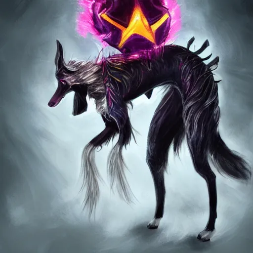 Image similar to Chinese crested powderpuff dog, armour, Anthropomorphized, casting epic spell, magic the gathering artwork, D&D, fantasy, cinematic lighting, centered, symmetrical, highly detailed, digital painting, artstation, concept art, smooth, sharp focus, illustration, volumetric lighting, epic Composition, 8k, art by Akihiko Yoshida and Greg Rutkowski and Craig Mullins, heroic pose, oil painting, cgsociety, magic lab background