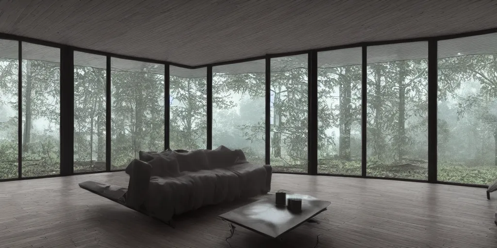 Prompt: Inside view of a modern house in the middle of a raining forest , hyper realistic, ultra realistic, 8k, hd, highly detailed, unreal engine 5, artstation, shaders, rays,