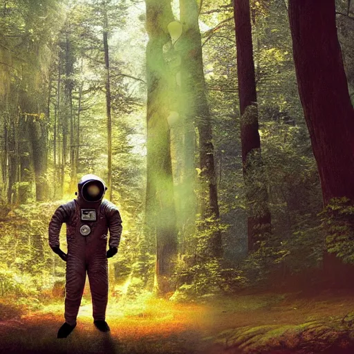 Image similar to american astronaut in the forest, plants environment, wide angle, cinematic lighting, atmospheric, realistic, octane render, highly detailed, in the style of craig mullins