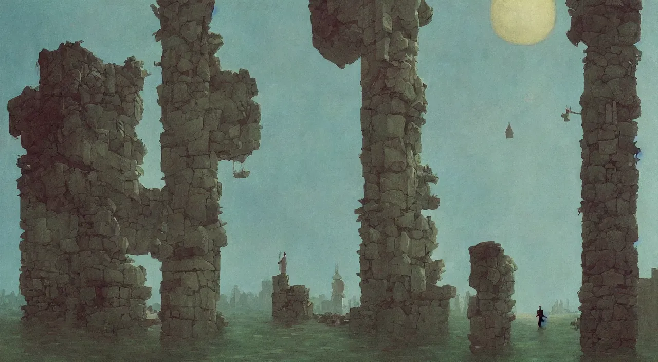 Prompt: single flooded surreal crumbling pillar, very coherent and colorful high contrast!! masterpiece by rene magritte simon stalenhag carl spitzweg syd mead norman rockwell edward hopper james gilleard, minimalist, dark shadows, sunny day, hard lighting
