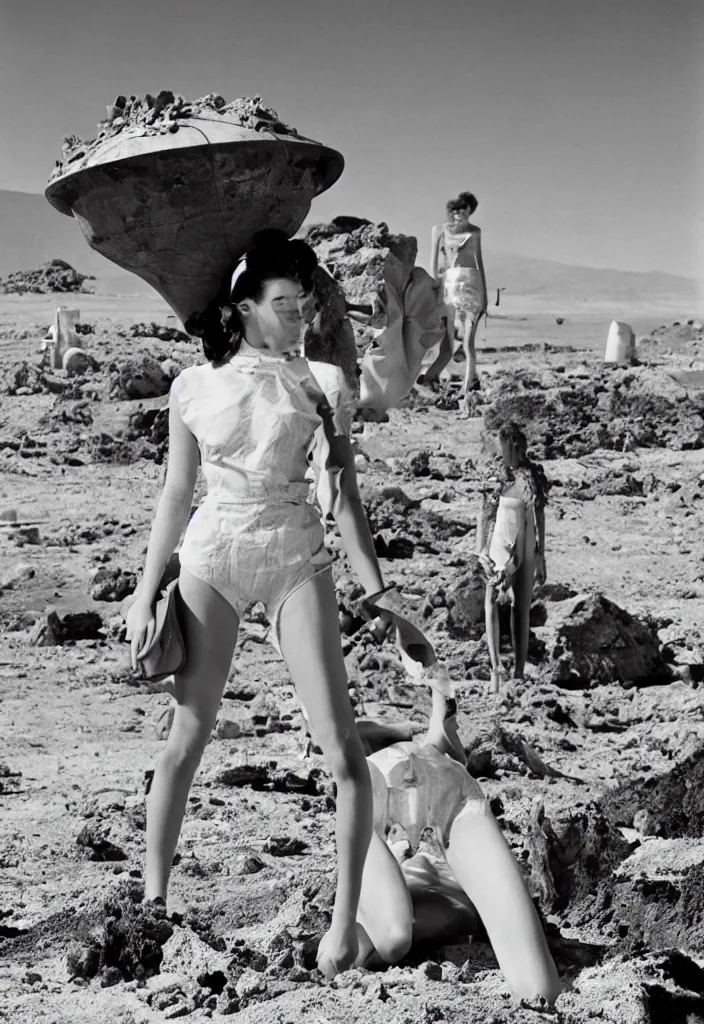 Image similar to fashion editorial on Nevada nuclear bomb test site. 1956. highly detailed. depth of field. high definition. 8k. photography.