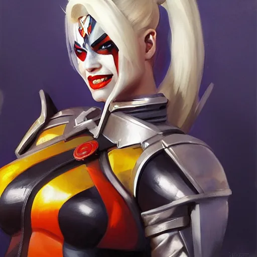 Image similar to greg manchess portrait painting of armored harley quinn as overwatch character, medium shot, asymmetrical, profile picture, organic painting, sunny day, matte painting, bold shapes, hard edges, street art, trending on artstation, by huang guangjian and gil elvgren and sachin teng