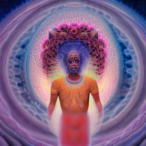 Image similar to obatala the cosmic god sitting in a cabana made of nebula clouds, by Adi granov and afarin sajedi and amanda sage and evgeni gordiets and Agostino Arrivabene in a psychedelic portrait style, ultrarealistic matte painting, volumetric lighting, fractal, extremely symmetrical, highly detailed face, orisha, 8k, hd